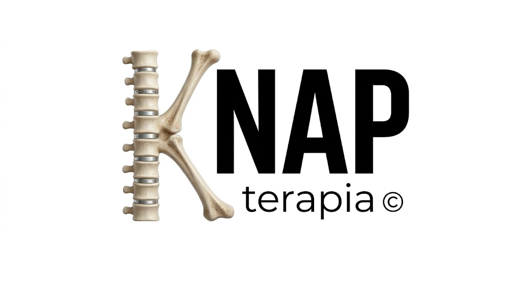 Logotipo de KNAP terapia con la letra K formada por una columna vertebral humana y dos huesos, seguida del texto NAP en negrita negra y terapia © en letra más pequeña y clara debajo.